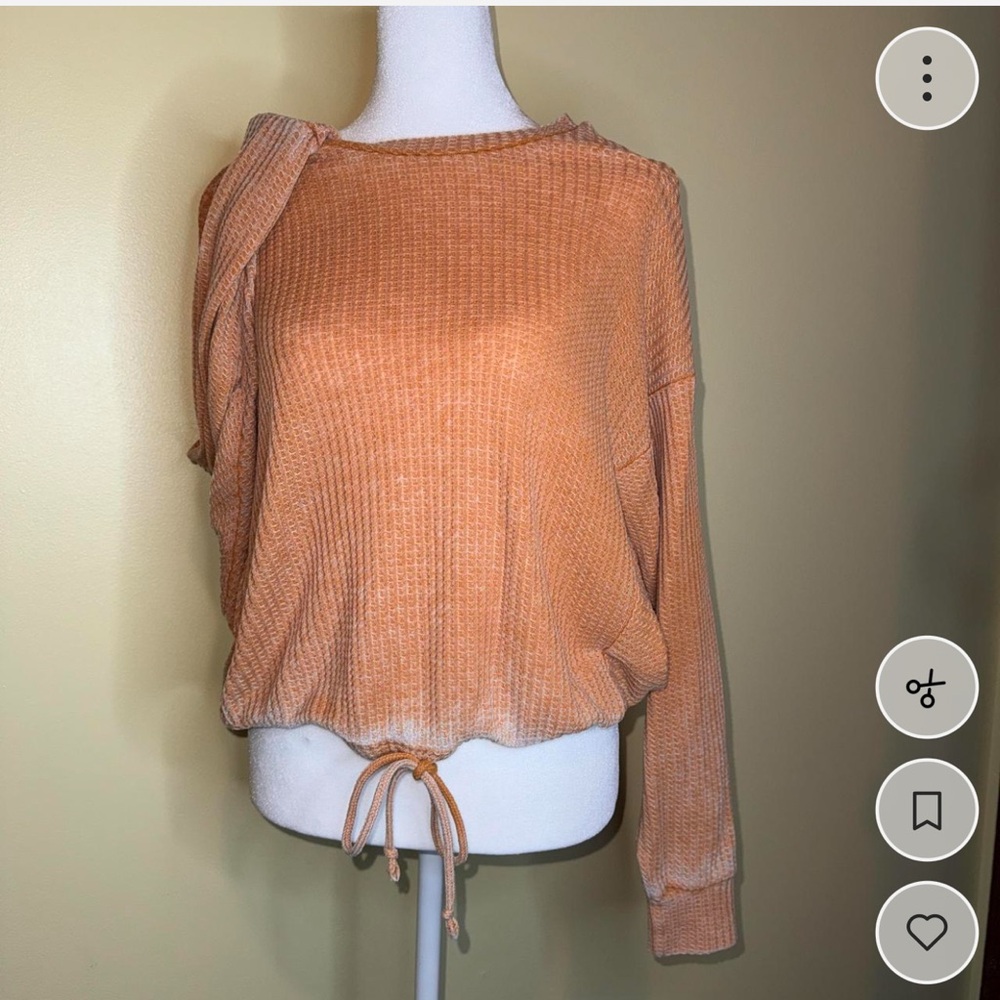 Ransom Cropped Waffle Drawstring Top - Peach Orange